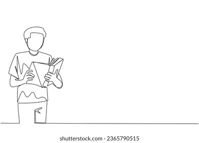 Single one line drawing man focused on reading. Try to find answers to the tasks given. Seek more knowledge. Reading increases insight. Happy reading. Continuous line design graphic illustration