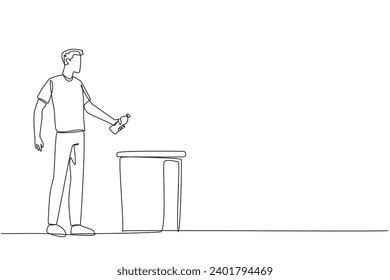 Single one line drawing a man throw used plastic bottles into overflowing trash cans. Environmental care. Correct littering waste. Recyclable waste. Clean. Continuous line design graphic illustration
