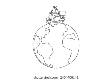 Single one line drawing a man riding package motorbike. Delivering packages across countries and continents. Throws out a lot of carbon gas. Save the earth. Continuous line design graphic illustration