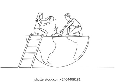 Single one line drawing man and woman work together to plant trees. For the good of the earth. Greener earth. Avoid smoke and trash pollution. Environment. Continuous line design graphic illustration