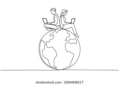 Single one line drawing man and woman sitting on globe typing on a laptop. Plan and create broadcast messages to jointly protect the beauty of the earth. Continuous line design graphic illustration