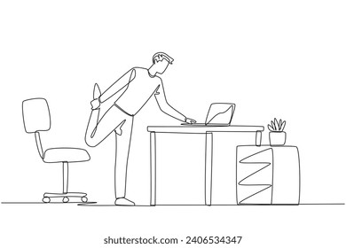 Single one line drawing man standing with one leg raised and his hand typing on a laptop. Make a presentation during an online meeting while stretching. Continuous line design graphic illustration