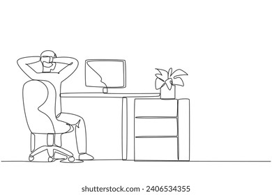 Ein einzeiliger Zeichner, der im Stuhl sitzt, mit den Händen, die den Kopf halten. Von hinten gesehen. Überstunden am Wochenende. Remote-Arbeit. Überwachung. Grafische Abbildung des Liniendesigns