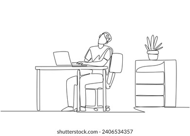 Single one line drawing man sitting in work chair typing on a laptop with his head tilted. Eliminates tension in the neck due to too much focus. Overtime. Continuous line design graphic illustration