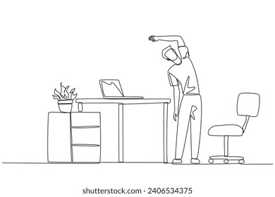 Single one line drawing man stands while raising one hand and tilting body. Light exercise while at the office. Helps mind to focus. Overtime on weekends. Continuous line design graphic illustration