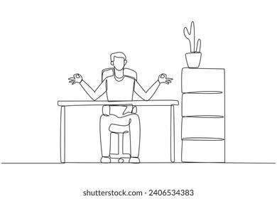 Single one line drawing man sitting in a work chair with his fingers rounded. Calm. Doing yoga during work overtime on the weekend. Meditation to relaxing. Continuous line design graphic illustration