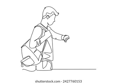 single one line drawing of man cheking boarding time at train station. all about station and train activity. Simple line, train activity.