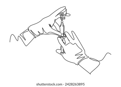 Single one line drawing man The doctor is preparing the injection equipment with anesthesia. physical therapy rehabilitation concept. Continuous line draw design vector