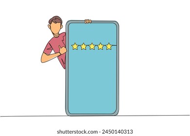 Single one line drawing man stands behind giant smartphone, but head and body appear and hands give thumbs up gesture. Online shop concept. Review 5 stars. Continuous line design graphic illustration