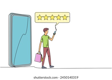 Single one line drawing man comes out of giant smartphone carrying a shopping bag, the other hand typing smartphone. Online shopping concept. Ecommerce. Continuous line design graphic illustration
