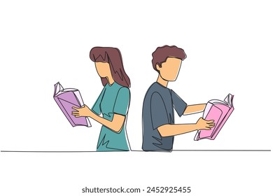 Una sola línea de dibujo hombre mujer muy centrado en la lectura del libro. Leer cuentos de ficción durante las vacaciones. Concepto de festival del libro. Muy buen hábito. Ilustración gráfica de diseño de línea continua