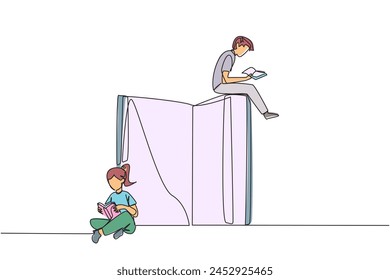 Single one line drawing man woman sitting reading the books while the big book is open. Serious and focus learning increases insight. Book festival concept. Continuous line design graphic illustration