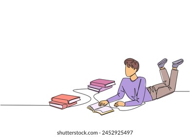 Single one line drawing man who really likes reading. Everyday one book is read. Good habit. There is no day without reading book. Book festival concept. Continuous line design graphic illustration