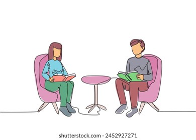 Single one line drawing man woman sitting reading on sofa. Reading focus in living room. Fun hobby. Relieve fatigue from daily activities. Book festival concept. Continuous line graphic illustration