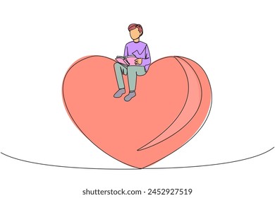 Single one line drawing man sitting on big heart. Reading the romantic fiction books. Enjoy the storyline. Hobby reading story books. Book festival concept. Continuous line design graphic illustration