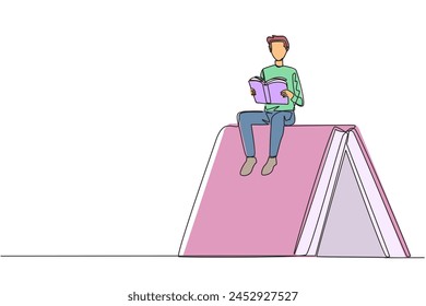 Single one line drawing man sitting on large tent-shaped book. Reading the adventure fiction books in the wild. Addicted to reading. Book festival concept. Continuous line design graphic illustration