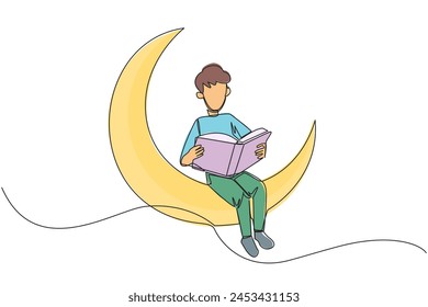 Single one line drawing man sitting on crescent moon reading a book. Metaphor of reading a fairy story before sleeping. Read until late. Love reading. Continuous line design graphic illustration