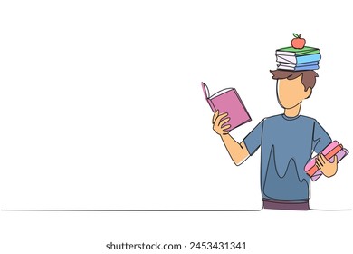 Una sola línea de dibujo hombre libro de lectura practicando equilibrio. Apilar libros en la parte superior de la cabeza junto con la manzana. Equilibrar el ritmo de lectura, entrenar el enfoque. Lean. Ilustración gráfica de diseño de línea continua