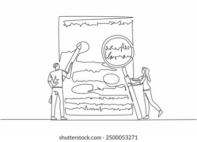 Single one line drawing man standing holding a big pen, woman holding a big magnifying glass. Marking mistakes in paper test. Edit. National Grammar Day. Continuous line design graphic illustration