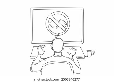 Single one line drawing a man types on a big monitor screen with a no-code sign. Simple application standards for display on the web. National No-Code Day. Continuous line design graphic illustration