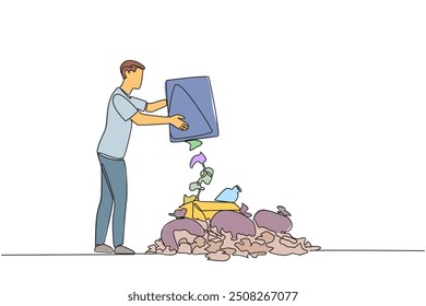 Single one line drawing man throws rubbish into rubbish pile. Environmental care. Throwing rubbish not in proper place. Surrounding air becomes less clear. Continuous line design graphic illustration