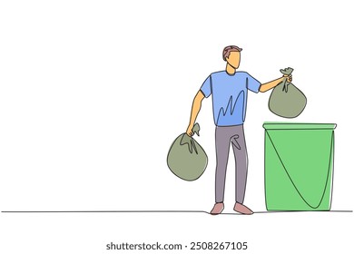 Single one line drawing man puts trash bag into trash can. Environmental care. Maintain cleanliness by throwing rubbish in the right place. Recycling. Continuous line design graphic illustration