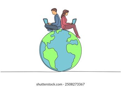 Single one line drawing man and woman sitting on globe typing on a laptop. Plan and create broadcast messages to jointly protect the beauty of the earth. Continuous line design graphic illustration