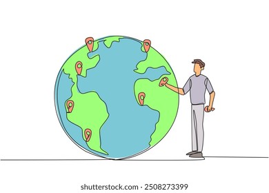 Single one line drawing man places a pin location point on surface of globe. Mapping areas that are very important for immediate tree planting. Earth day. Continuous line design graphic illustration