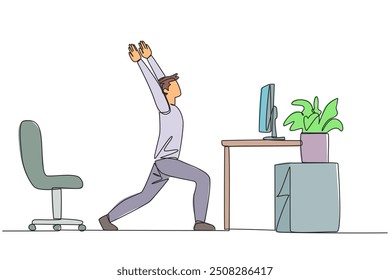 Single one line drawing man stands with both hands raised and legs stretched. Work overtime on weekends. Try focus to complete work as quickly as possible. Continuous line design graphic illustration