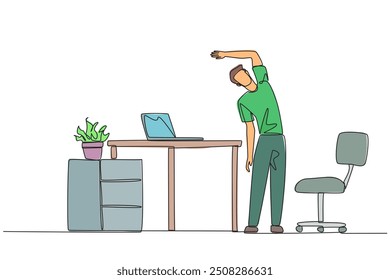 Single one line drawing man stands while raising one hand and tilting body. Light exercise while at the office. Helps mind to focus. Overtime on weekends. Continuous line design graphic illustration