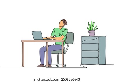 Single one line drawing man sitting in work chair typing on a laptop with his head tilted. Eliminates tension in the neck due to too much focus. Overtime. Continuous line design graphic illustration