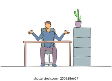 Single one line drawing man sitting in a work chair with his fingers rounded. Calm. Doing yoga during work overtime on the weekend. Meditation to relaxing. Continuous line design graphic illustration