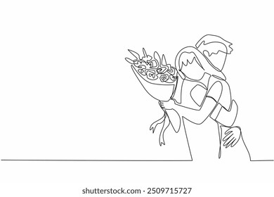 Um único desenho linha homem abraçando mulher e mulher segurando buquê de flores. Dizer sim quando proposto. Dia da felicidade. Amado. Dia Nacional da Proposta. Ilustração gráfica de design de linha contínua