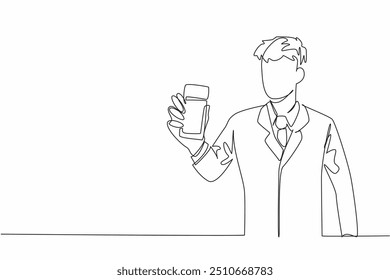 Single one line drawing a man in a suit and tie holds out the perfume in his hand. Offers a natural refreshing fragrance. Stunning. National Fragrance Day. Continuous line design graphic illustration
