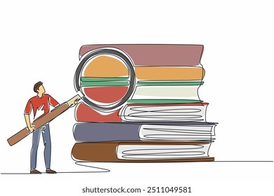 Single one line drawing man holding large magnifying glass pointing at giant stack of books. Reading. Learning something. Explore. National Grammar Day. Continuous line design graphic illustration