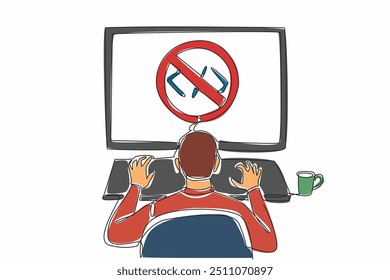 Single one line drawing a man types on a big monitor screen with a no-code sign. Simple application standards for display on the web. National No-Code Day. Continuous line design graphic illustration