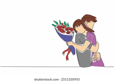 Um único desenho linha homem abraçando mulher e mulher segurando buquê de flores. Dizer sim quando proposto. Dia da felicidade. Amado. Dia Nacional da Proposta. Ilustração gráfica de design de linha contínua