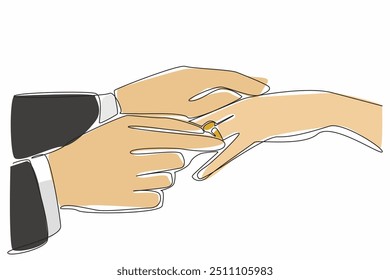 Eine einzige Linie, die einen Mann zeichnet, ist, einen Ring auf den Ringfinger seines Partners zu legen. Alles Gute. Ich schlage der geliebten Frau vor. Verlobt. Nationaler Vorschlagstag. Grafische Illustration zum Liniendesign