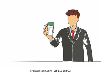 Una sola línea dibujando a un hombre con traje y corbata sostiene el perfume en su mano. Ofrece una fragancia natural y refrescante. Impresionante. Día Nacional de la Fragancia. Ilustración gráfica de diseño de línea continua