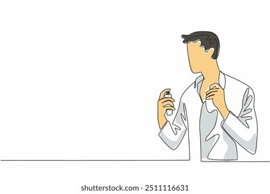 Una sola línea de dibujo de hombre en camisa rocía perfume en el cuello. Luce elegante y fragante antes de ir a un viaje de negocios. Calmante. Día Nacional de la Fragancia. Ilustración gráfica de diseño de línea continua
