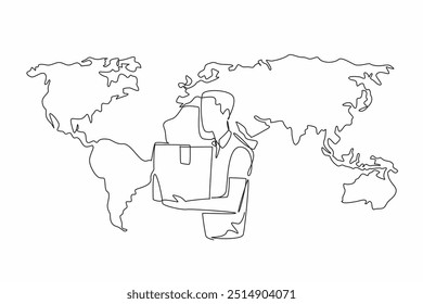 Um único homem de desenho de uma linha carregando pacote com fundo de mapa mundial. Registre-se na alfândega para mercadorias recém-trazidas do exterior. Dia Internacional da Alfândega. Ilustração gráfica de design de linha contínua