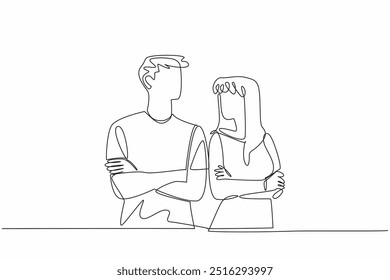 Single one line drawing man and woman in casual clothes look at each other. Love language from eye contact. Understanding each other. National Spouses Day. Continuous line design graphic illustration