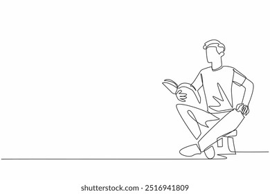 Single one line drawing man sitting on child's chair reading book. Telling an exciting story book. Cultivating interest in reading. World Read Aloud Day. Continuous line design graphic illustration