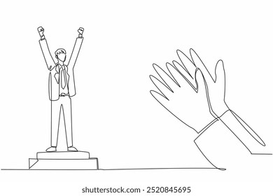 Single one line drawing man in suit and tie standing at podium. A pinnacle of achievement. Culmination of hard work. Dedication. Employee Appreciation Day. Continuous line design graphic illustration