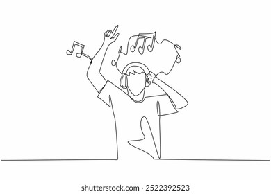 Single one line drawing man wearing headphones and holding it. Rejoice. Forget complicated problems. The best healing. Recovery. World Music Therapy Day. Continuous line design graphic illustration