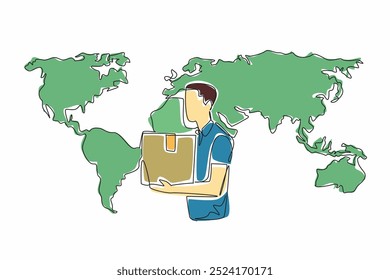 Um único homem de desenho de uma linha carregando pacote com fundo de mapa mundial. Registre-se na alfândega para mercadorias recém-trazidas do exterior. Dia Internacional da Alfândega. Ilustração gráfica de design de linha contínua