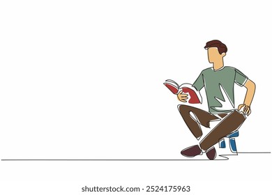 Single one line drawing man sitting on child's chair reading book. Telling an exciting story book. Cultivating interest in reading. World Read Aloud Day. Continuous line design graphic illustration