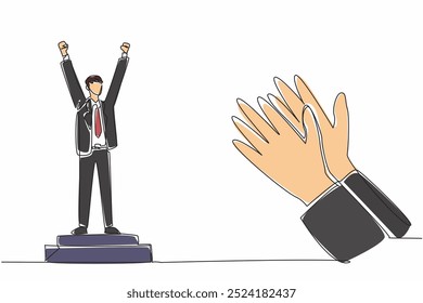 Single one line drawing man in suit and tie standing at podium. A pinnacle of achievement. Culmination of hard work. Dedication. Employee Appreciation Day. Continuous line design graphic illustration