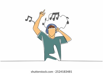 Um único homem de desenho de uma linha usando fones de ouvido e segurando-o. Alegrem-se. Esqueça problemas complicados. A melhor cura. Recuperação. Dia Mundial da Terapia Musical. Ilustração gráfica de design de linha contínua