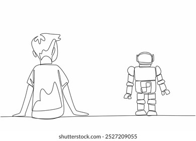 Single one line drawing man sitting on floor next to is a robot toy. Loyal friend all the time. Always accompany every moment. World Autism Awareness Day. Continuous line design graphic illustration